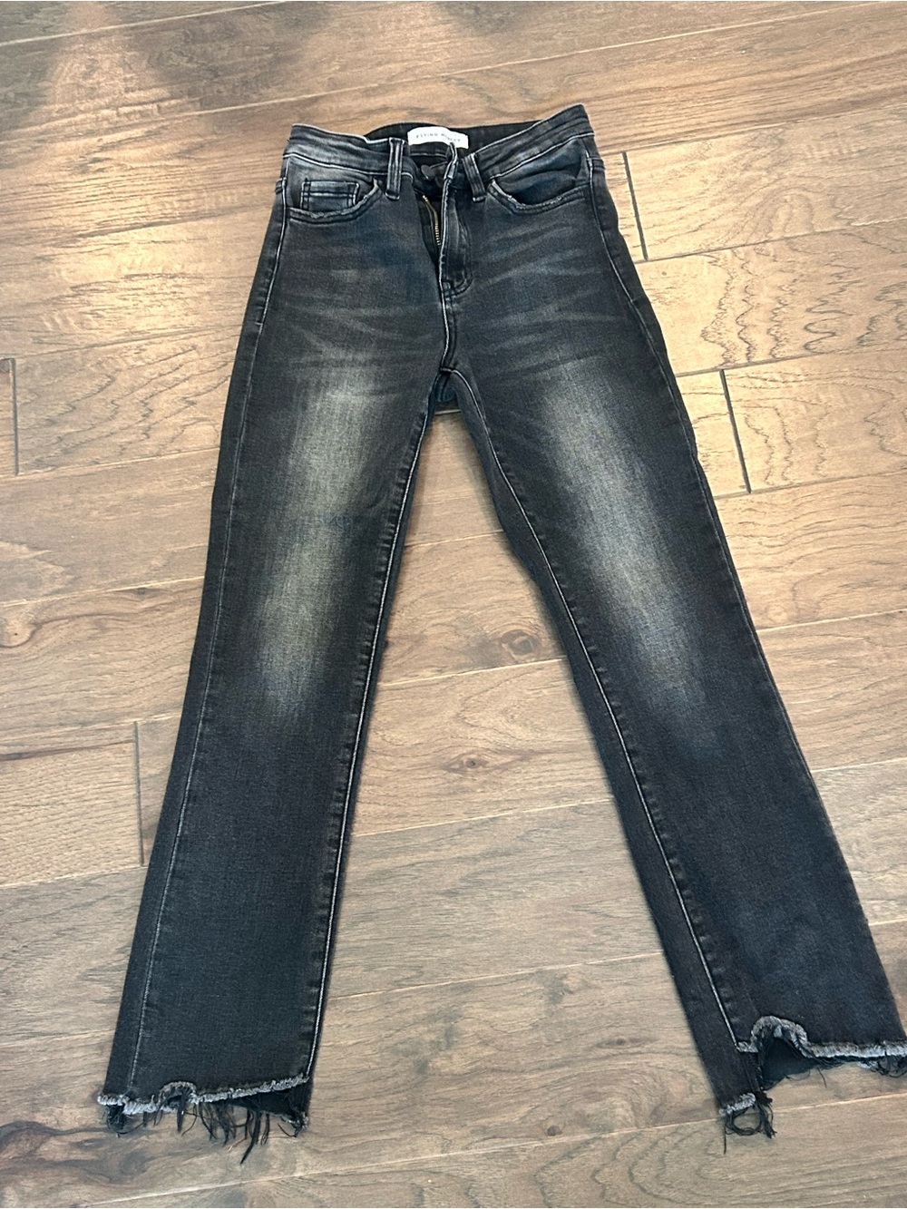 Flying Monkey Black Washed Denim Jeans Raw Uneven Hem Size 24